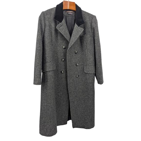 VTG Sz 16 100% Wool Double-Breasted Herringbone Overcoat Chesterfield Old Money - Picture 3 of 7